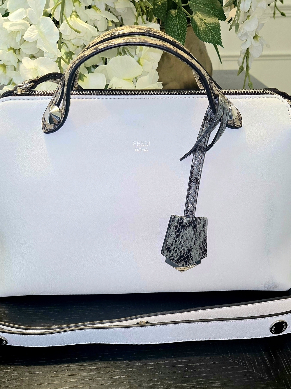 Fendi By The Way White Calfskin Leather with Python Trimmed Skin Bag